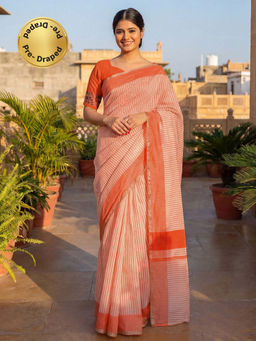 SATRANI - Off-White Stripes Printed Linen Ready To Wear Saree with Unstitched Blouse