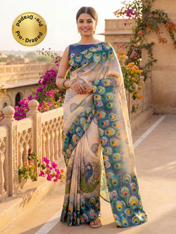 SATRANI - Beige Printed Banglori Silk Ready To Wear Saree with Unstitched Blouse