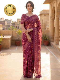 SATRANI - Dusty Wine Floral Printed Linen Ready To Wear Saree with Unstitched Blouse