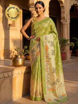 SATRANI - Parrot Green Printed Banglori Silk Ready To Wear Saree with Unstitched Blouse