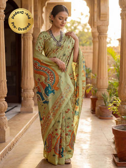 SATRANI - Pista Green Printed Banglori Silk Ready To Wear Saree with Unstitched Blouse