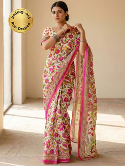 SATRANI - Off-White Floral Printed Linen Ready To Wear Saree with Unstitched Blouse