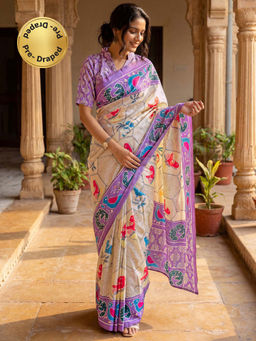 SATRANI - Off-White Printed Banglori Silk Ready To Wear Saree with Unstitched Blouse