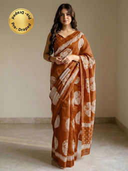 SATRANI - Dusty Orange Printed Linen Ready To Wear Saree with Unstitched Blouse