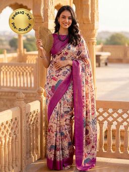 SATRANI - Peach Madhubani Printed Banglori Silk Ready To Wear Saree with Unstitched Blouse