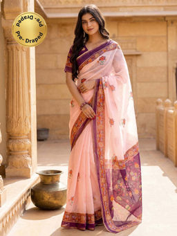 SATRANI - Light Pink Floral Printed Linen Ready To Wear Saree with Unstitched Blouse