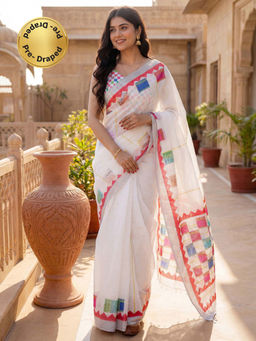 SATRANI - White Printed Linen Ready To Wear Saree with Unstitched Blouse