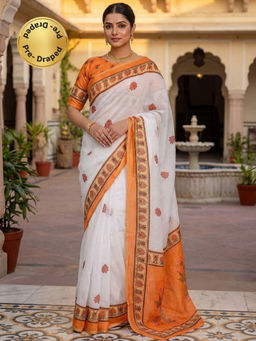 SATRANI - White Floral Printed Linen Ready To Wear Saree with Unstitched Blouse