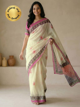 SATRANI - Yellow Floral Printed Linen Ready To Wear Saree with Unstitched Blouse