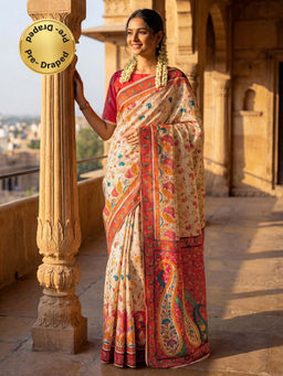 SATRANI - Beige Floral Printed Banglori Silk Ready To Wear Saree with Unstitched Blouse