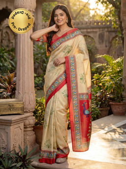 SATRANI - Beige Printed Banglori Silk Ready To Wear Saree with Unstitched Blouse