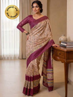 SATRANI - Dark Beige Floral Printed Banglori Silk Ready To Wear Saree with Unstitched Blouse