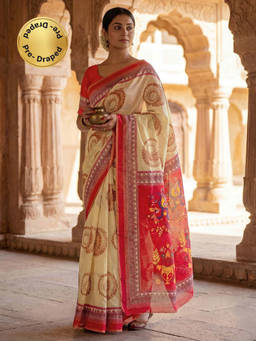 SATRANI - Cream Printed Linen Ready To Wear Saree with Unstitched Blouse