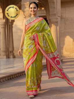SATRANI - Lime Green Printed Banglori Silk Ready To Wear Saree with Unstitched Blouse
