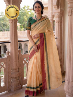 SATRANI - Light Peach Checks Linen Ready To Wear Saree with Unstitched Blouse