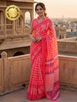 SATRANI - Coral Pink Checks Printed Linen Ready To Wear Saree with Unstitched Blouse