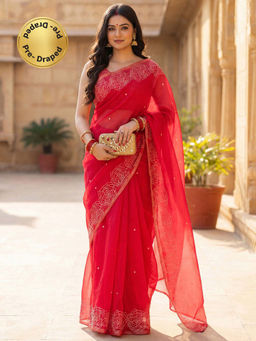 SATRANI - Red Floral Printed Linen Ready To Wear Saree with Unstitched Blouse
