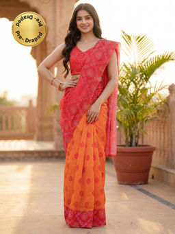 SATRANI - Orange Bandhani Printed Linen Ready To Wear Saree with Unstitched Blouse
