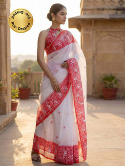 SATRANI - White Printed Linen Ready To Wear Saree with Unstitched Blouse
