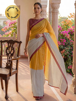 SATRANI - Yellow and Off-White Zari Border Linen Ready To Wear Saree with Unstitched Blouse