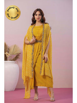 Scakhi - Mustard Silk Ready to Wear Saree Dress with Leheriya Print Cape and Embroidered Belt