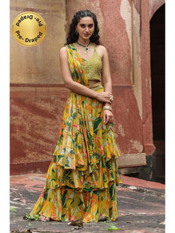 Scakhi - Green Chinon Silk Floral Pre-Draped Saree with Stitched Blouse & Belt