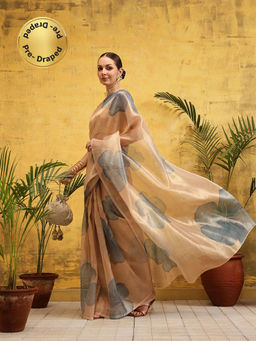 Silk Land - Beige Munga Zari Tissue Pre Drape Saree with Unstitched Blouse