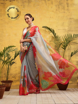 Silk Land - Grey Digital Printed Chanderi Pre Drape Saree with Unstitched Blouse