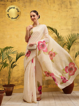 Silk Land - Beige Digital Printed Chanderi Pre Drape Saree with Unstitched Blouse
