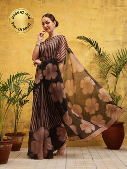 Silk Land - Brown Digital Printed Chanderi Pre Drape Saree with Unstitched Blouse