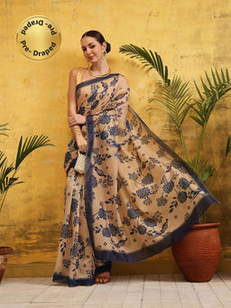 Silk Land - Beige Silk Digital Printed Pre Drape Saree with Unstitched Blouse