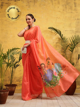 Silk Land - Peach Silk Digital Printed Pre Drape Saree with Unstitched Blouse