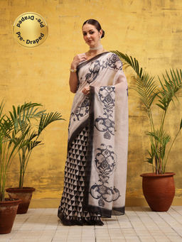 Silk Land - Off White Silk Digital Printed Pre Drape Saree with Unstitched Blouse