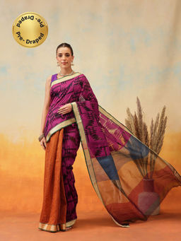 Silk Land - Cotton Zari Woven Border Pre-Draped Saree with Unstitched Blouse