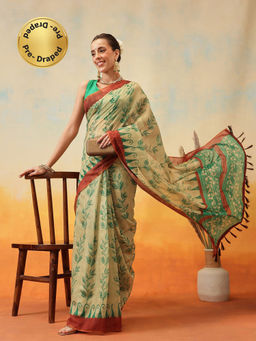 Silk Land - Floral Printed Pre-Draped Saree with Unstitched Blouse