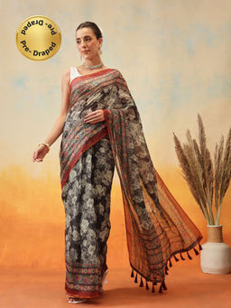 Silk Land - Black Floral Printed Pre-Draped Saree with Unstitched Blouse