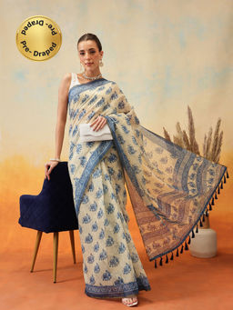 Silk Land - Chanderi Kalamkari Printed Indigo Pre-Draped Saree with Unstitched Blouse