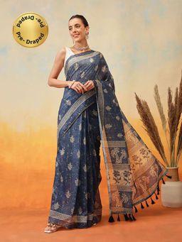 Silk Land - Blue Floral Printed Pre-Draped Saree with Unstitched Blouse