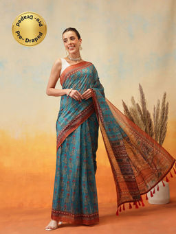 Silk Land - Floral Printed Pre-Draped Saree with Unstitched Blouse