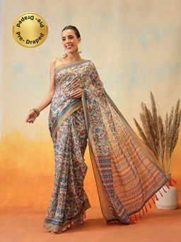 Silk Land - Beige Floral Printed Pre-Draped Saree with Unstitched Blouse