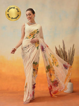 Silk Land - Chiffon Blend Floral Printed Pre-Draped Saree with Unstitched Blouse