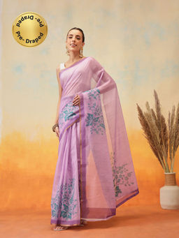 Silk Land - Purple Printed Zari Pre-Draped Saree with Unstitched Blouse