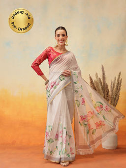 Silk Land - Beige Printed Zari Pre-Draped Saree with Unstitched Blouse