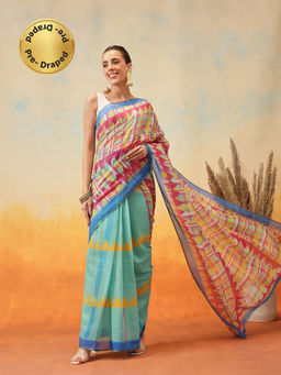 Silk Land - Blue Printed Zari Pre-Draped Saree with Unstitched Blouse