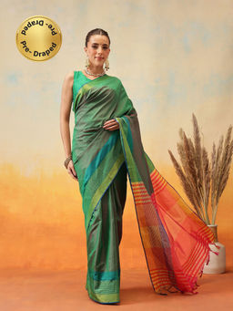 Silk Land - Green Uppada Pattu Woven Pre-Draped Saree with Unstitched Blouse