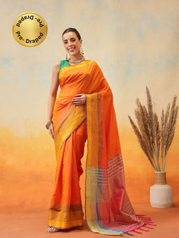 Silk Land - Orange Uppada Pattu Woven Pre-Draped Saree with Unstitched Blouse