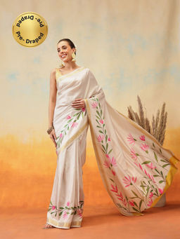 Silk Land - Off White Onam Special Silk Pre-Draped Saree with Unstitched Blouse