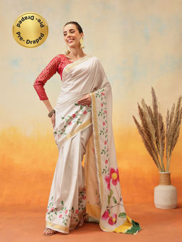 Silk Land - Off White Printed Silk Pre-Draped Saree with Unstitched Blouse