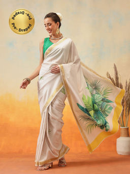 Silk Land - Off White Onam Special Pre-Draped Kasauv Saree with Unstitched Blouse