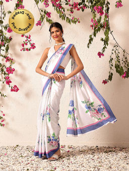 Silk Land - Bollywood Inspired Floral Digital Print Satin Ready To Wear Saree with Unstitched Blouse